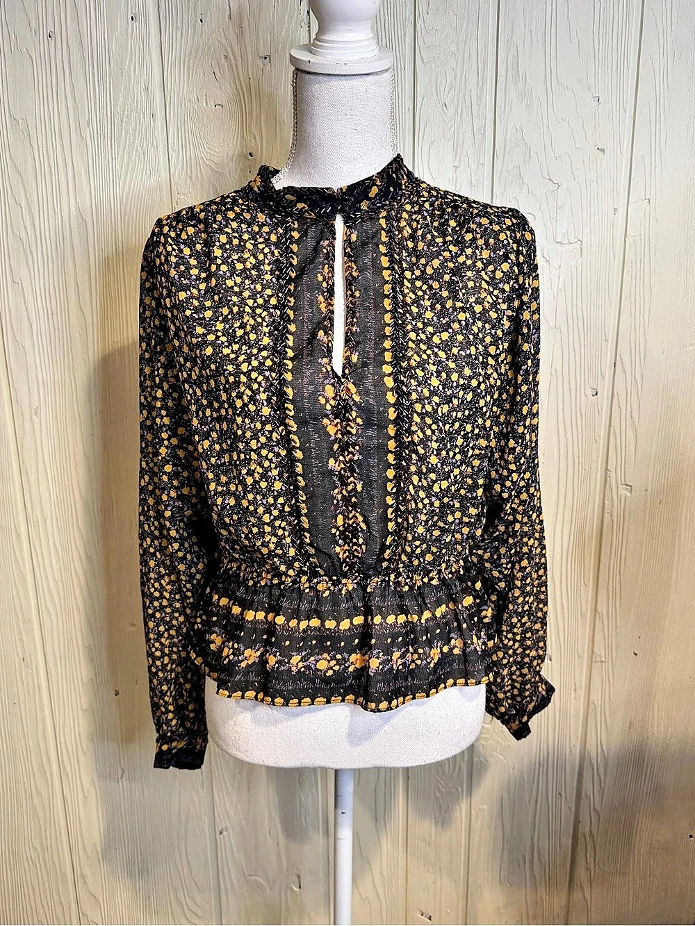 Free People Floral Peplum Blouse in Black & Yellow Size Small